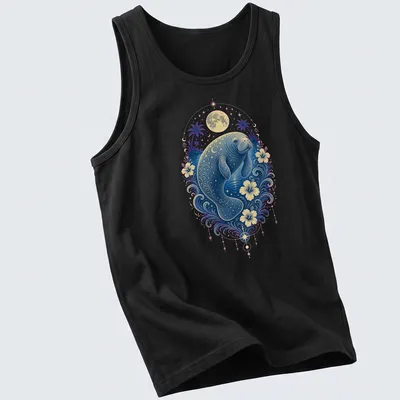 Illustration of a manatee swimming with a cheerful expression, in blue and gold — printed on a tank top
