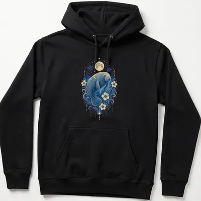 Illustration of a manatee swimming with a cheerful expression, in blue and gold — printed on a unisex hoodie