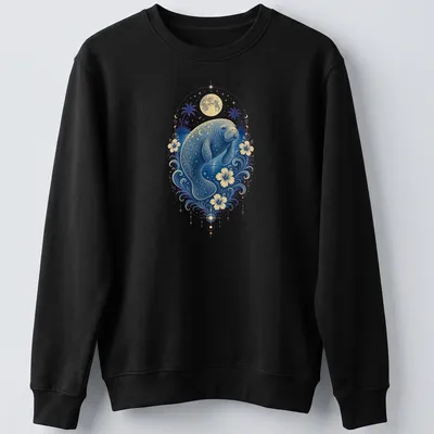 Illustration of a manatee swimming with a cheerful expression, in blue and gold — printed on a unisex sweatshirt