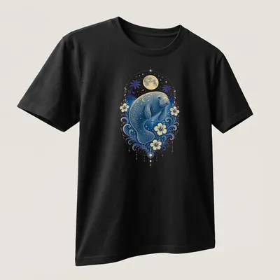 Illustration of a manatee swimming with a cheerful expression, in blue and gold — printed on a unisex t-shirt (angled view)