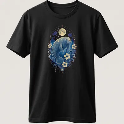 Illustration of a manatee swimming with a cheerful expression, in blue and gold — printed on a unisex t-shirt