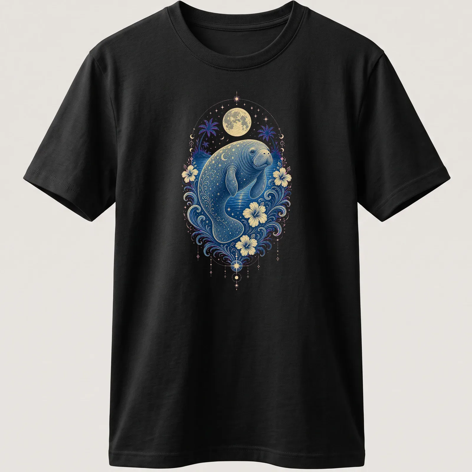 Illustration of a manatee swimming with a cheerful expression, in blue and gold — printed on a unisex t-shirt