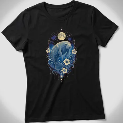 Illustration of a manatee swimming with a cheerful expression, in blue and gold — printed on a women's shirt