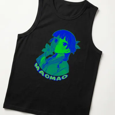Colorful cartoon shirt featuring a playful doodle character with MAOMAO text — printed on a tank top