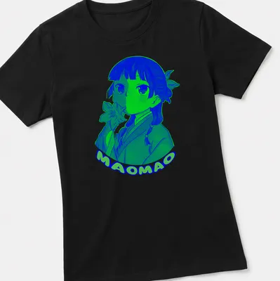 Colorful cartoon shirt featuring a playful doodle character with MAOMAO text — printed on a women's shirt