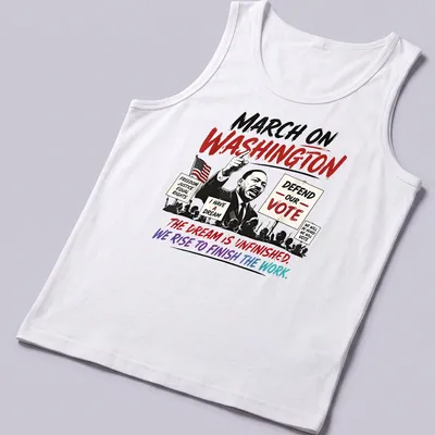 Bold graphic featuring Martin Luther King Jr. at a protest with inspiring text — printed on a tank top