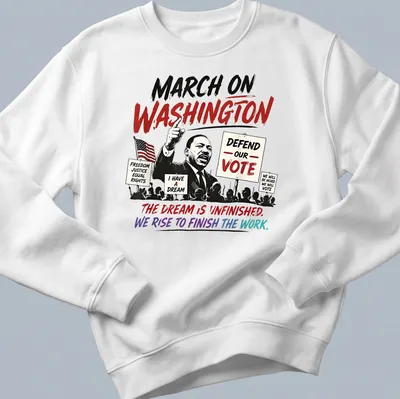 Bold graphic featuring Martin Luther King Jr. at a protest with inspiring text — printed on a unisex sweatshirt