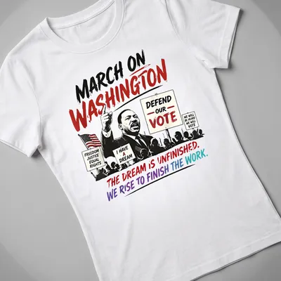 Bold graphic featuring Martin Luther King Jr. at a protest with inspiring text — printed on a women's shirt
