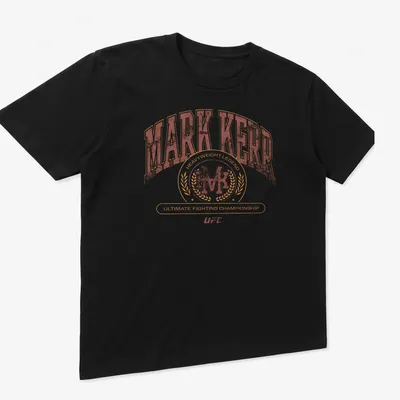 Retro distressed Mark Kerr UFC heavyweight legend T-shirt in brown and cream — printed on a unisex t-shirt (angled view)