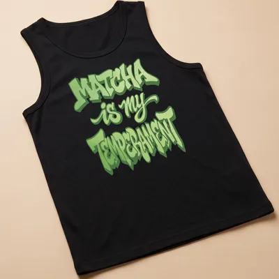 Bold graffiti style Matcha Is My Temperament t-shirt in light and dark green — printed on a tank top