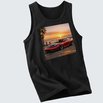 Photorealistic Mazda RX7 parked at a beach during sunset, in vibrant colors — printed on a tank top