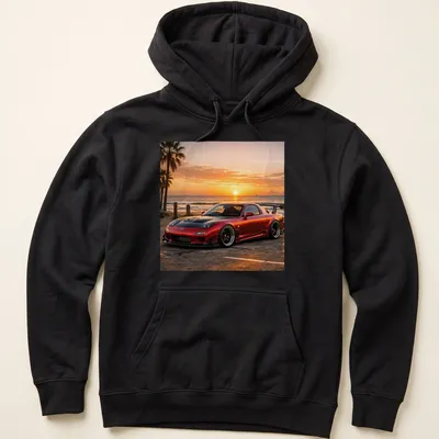 Photorealistic Mazda RX7 parked at a beach during sunset, in vibrant colors — printed on a unisex hoodie