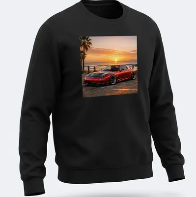 Photorealistic Mazda RX7 parked at a beach during sunset, in vibrant colors — printed on a unisex sweatshirt