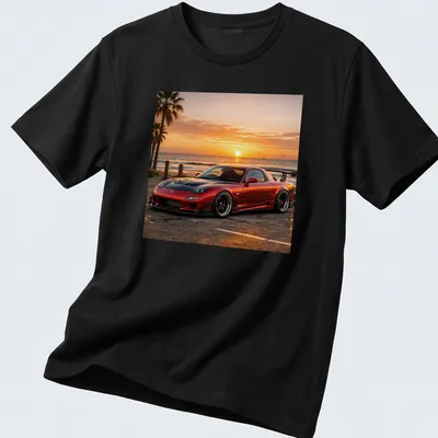 Photorealistic Mazda RX7 parked at a beach during sunset, in vibrant colors
