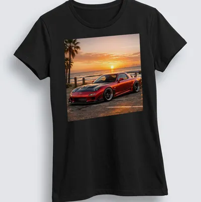 Photorealistic Mazda RX7 parked at a beach during sunset, in vibrant colors — printed on a women's shirt