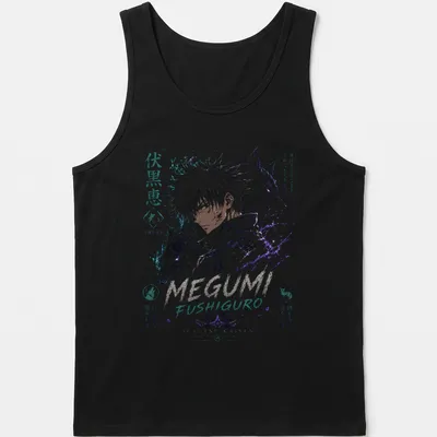 Manga art of Megumi Fushiguro with shadows and Japanese text in purple and blue — printed on a tank top