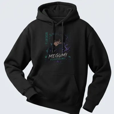 Manga art of Megumi Fushiguro with shadows and Japanese text in purple and blue — printed on a unisex hoodie