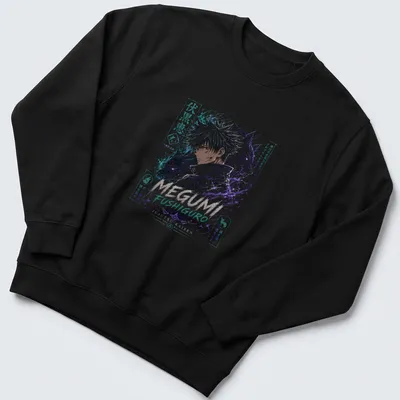Manga art of Megumi Fushiguro with shadows and Japanese text in purple and blue — printed on a unisex sweatshirt