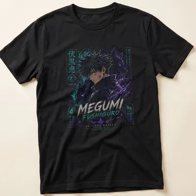Manga art of Megumi Fushiguro with shadows and Japanese text in purple and blue