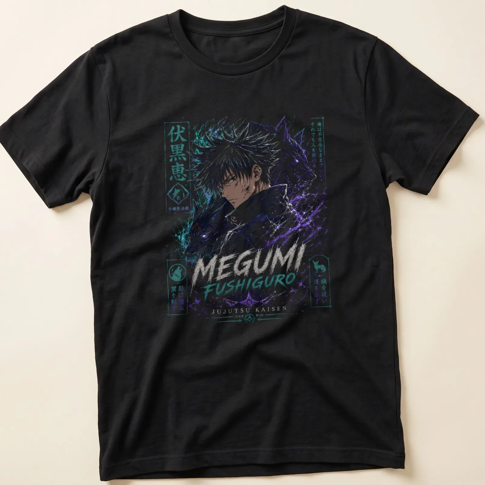 Manga art of Megumi Fushiguro with shadows and Japanese text in purple and blue — printed on a unisex t-shirt