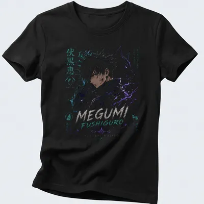 Manga art of Megumi Fushiguro with shadows and Japanese text in purple and blue — printed on a women's shirt