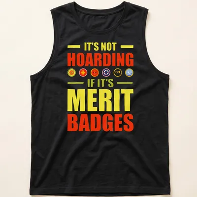 Bold typography T-shirt with colorful text about merit badges. — printed on a tank top