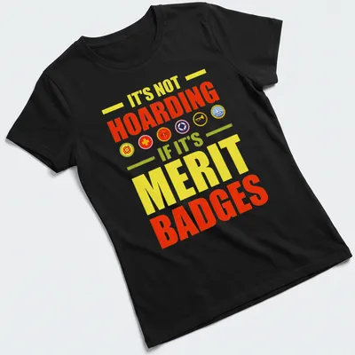 Bold typography T-shirt with colorful text about merit badges. — printed on a women's shirt