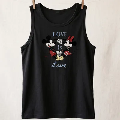 Cartoon T-shirt featuring Mickey and Minnie Mouse with 'LOVE is Love' text — printed on a tank top