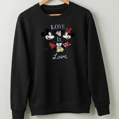 Cartoon T-shirt featuring Mickey and Minnie Mouse with 'LOVE is Love' text — printed on a unisex sweatshirt