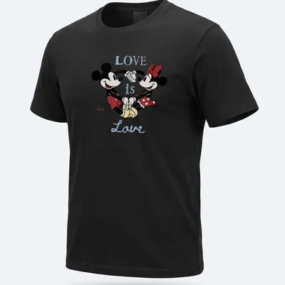 Cartoon T-shirt featuring Mickey and Minnie Mouse with 'LOVE is Love' text