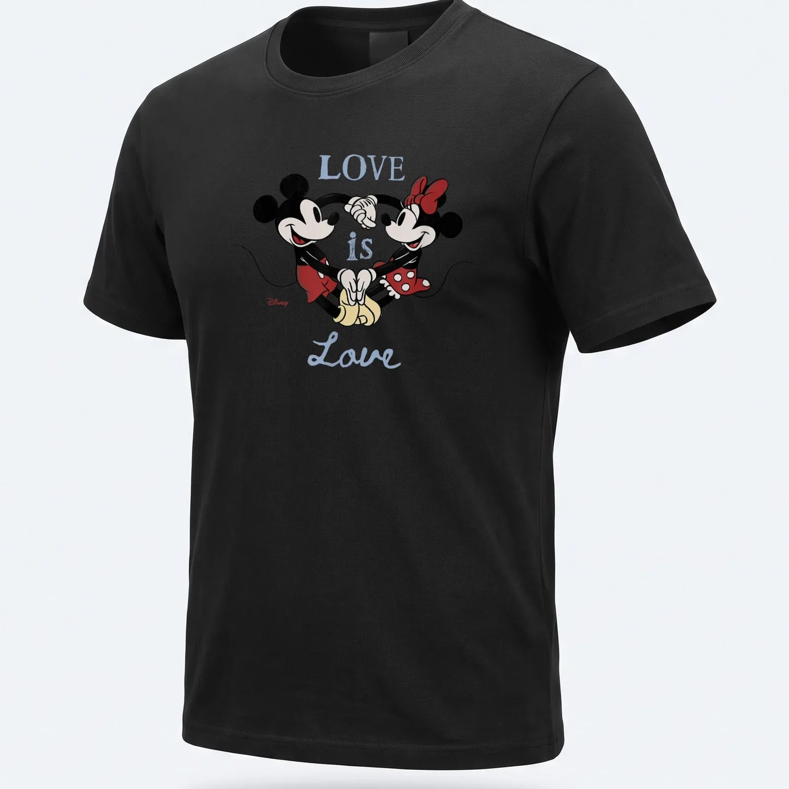Cartoon T-shirt featuring Mickey and Minnie Mouse with 'LOVE is Love' text — printed on a unisex t-shirt