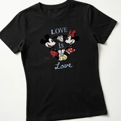 Cartoon T-shirt featuring Mickey and Minnie Mouse with 'LOVE is Love' text — printed on a women's shirt