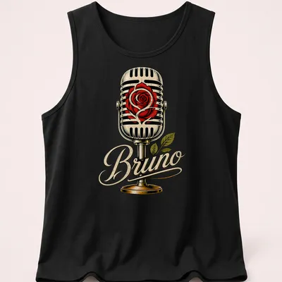 Vintage t-shirt featuring a microphone entwined with a rose and the name Bruno — printed on a tank top