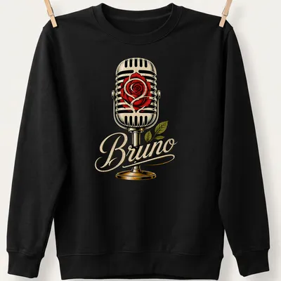 Vintage t-shirt featuring a microphone entwined with a rose and the name Bruno — printed on a unisex sweatshirt