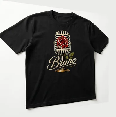 Vintage t-shirt featuring a microphone entwined with a rose and the name Bruno — printed on a unisex t-shirt (angled view)