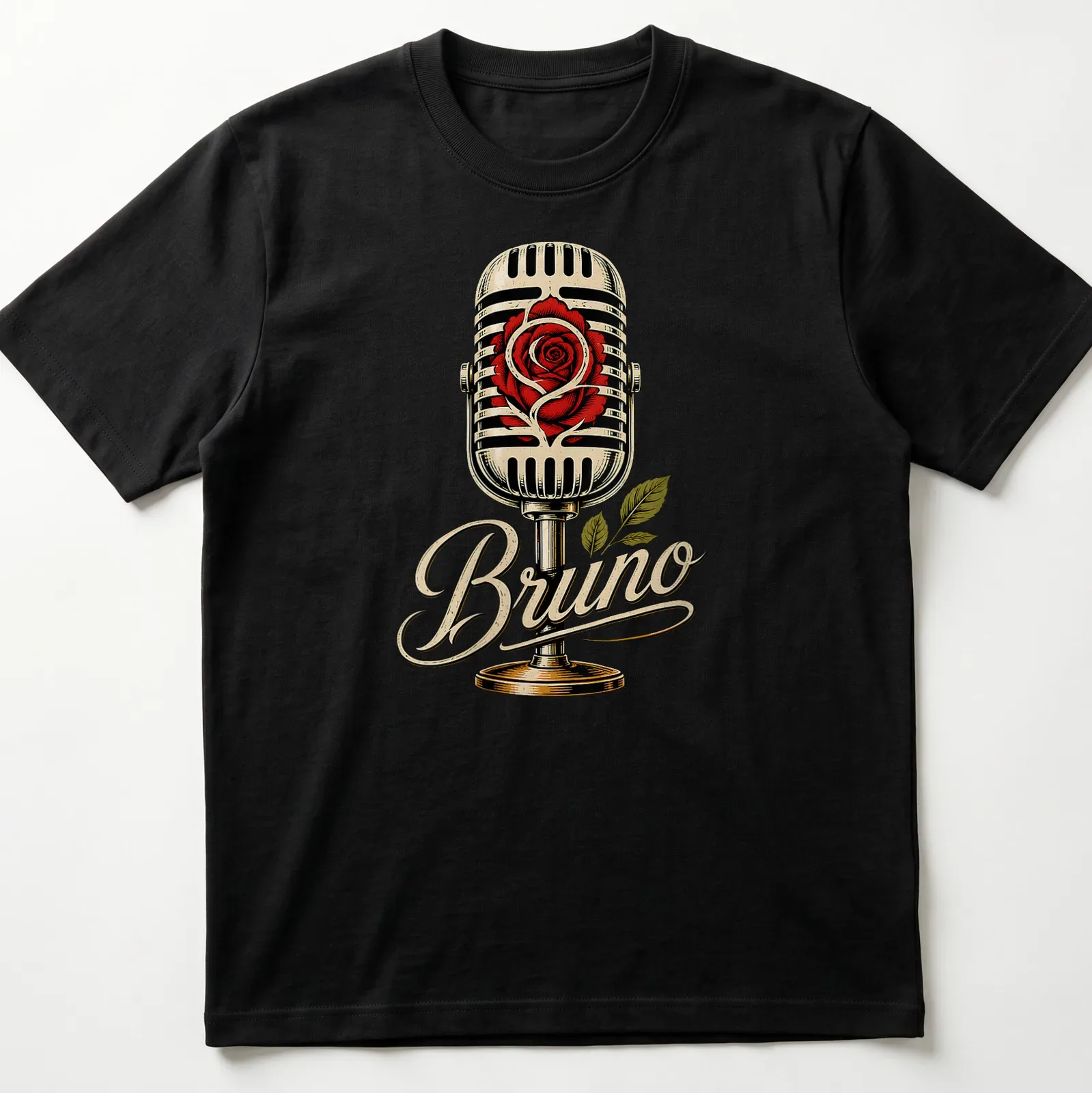 Vintage t-shirt featuring a microphone entwined with a rose and the name Bruno — printed on a unisex t-shirt