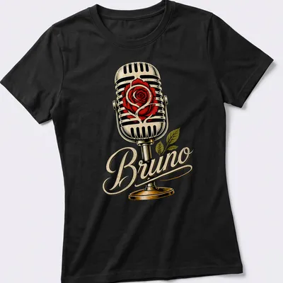 Vintage t-shirt featuring a microphone entwined with a rose and the name Bruno — printed on a women's shirt