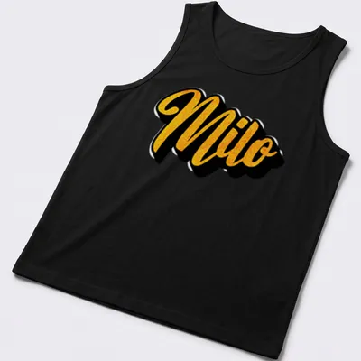 Custom t-shirt with the name Milo in bold gold script on black background — printed on a tank top