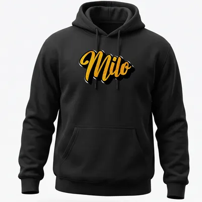 Custom t-shirt with the name Milo in bold gold script on black background — printed on a unisex hoodie