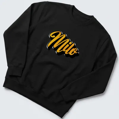 Custom t-shirt with the name Milo in bold gold script on black background — printed on a unisex sweatshirt