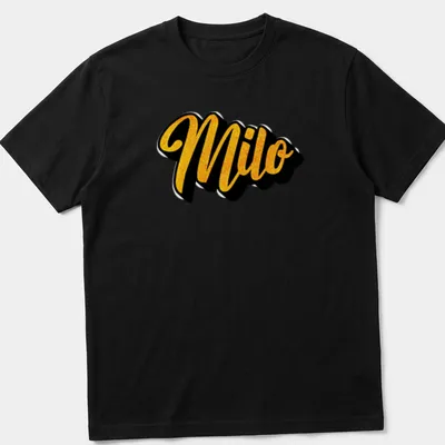 Custom t-shirt with the name Milo in bold gold script on black background