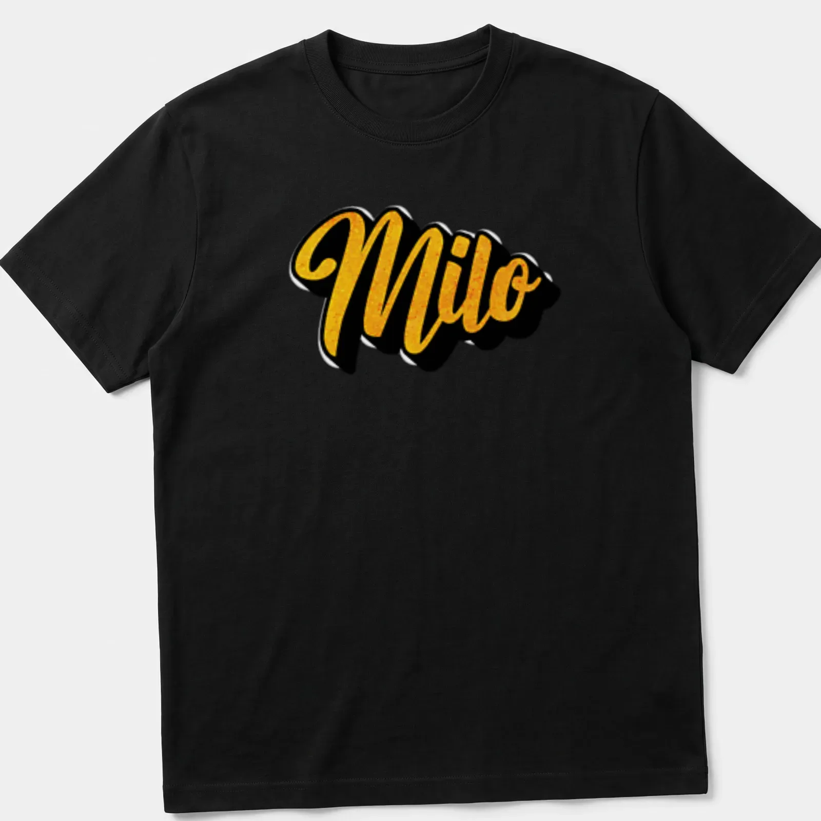 Custom t-shirt with the name Milo in bold gold script on black background — printed on a unisex t-shirt