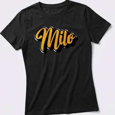 Custom t-shirt with the name Milo in bold gold script on black background — printed on a women's shirt