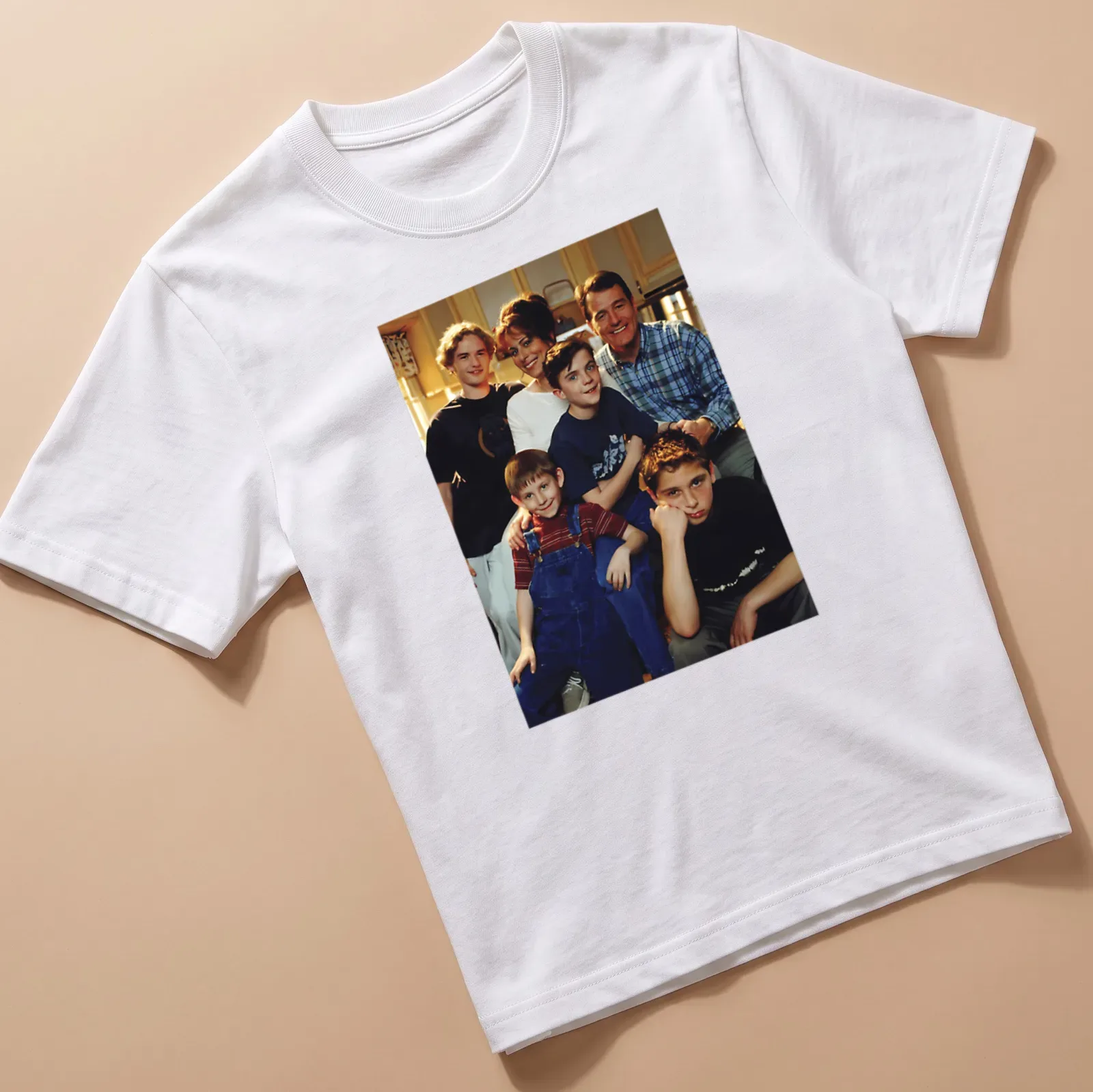 Photographic print of Season 1 family cast in black, blue, red, and white — printed on a unisex t-shirt