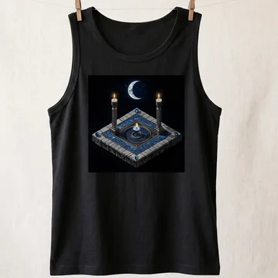 3D render of a moon ritual candle in blue, gray, black, white, and gold. — printed on a tank top