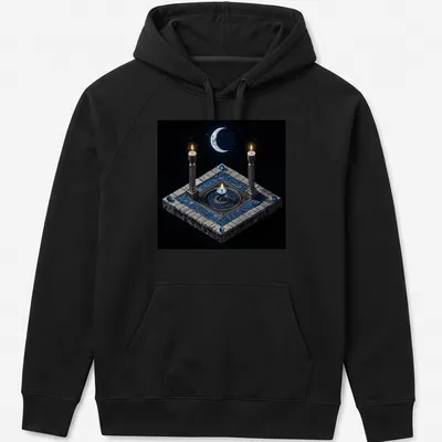 3D render of a moon ritual candle in blue, gray, black, white, and gold. — printed on a unisex hoodie