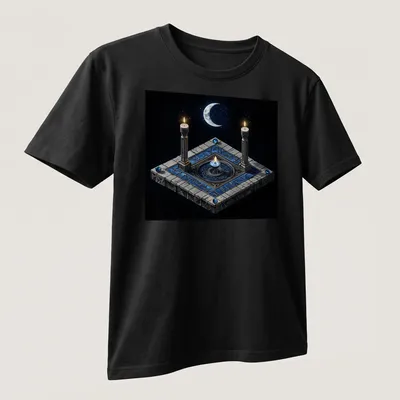 3D render of a moon ritual candle in blue, gray, black, white, and gold. — printed on a unisex t-shirt (angled view)