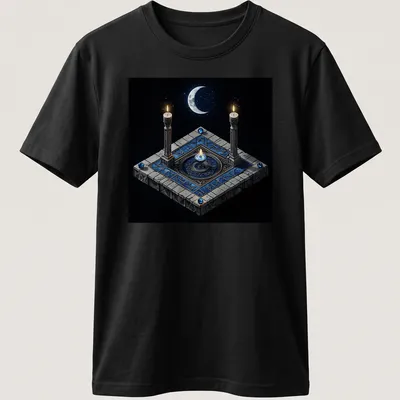 3D render of a moon ritual candle in blue, gray, black, white, and gold.
