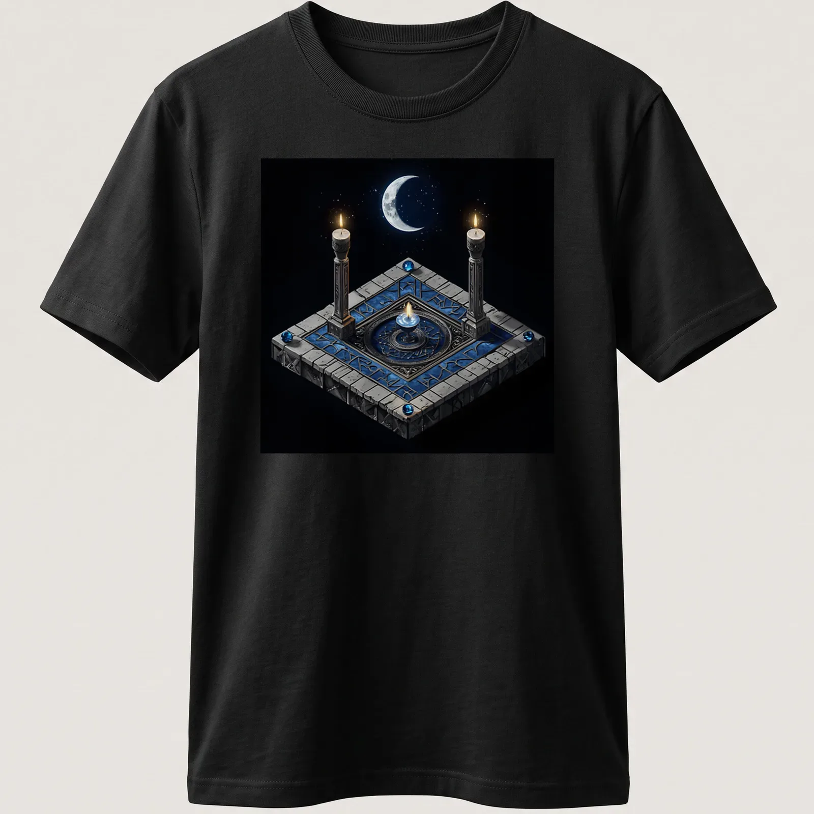 3D render of a moon ritual candle in blue, gray, black, white, and gold. — printed on a unisex t-shirt
