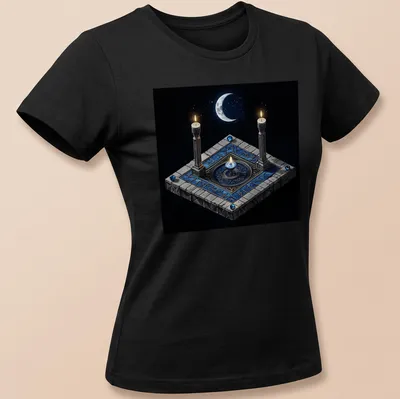 3D render of a moon ritual candle in blue, gray, black, white, and gold. — printed on a women's shirt